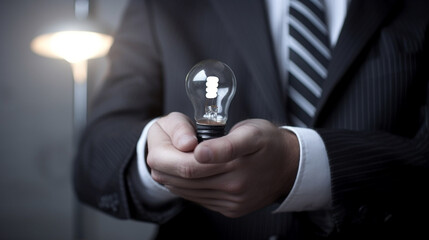 Businessman holding a glowing light bulb in his hand. Business idea concept.generative ai