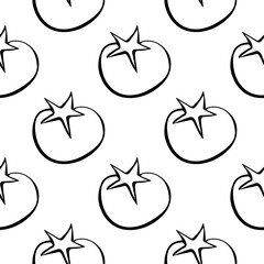 Vector seamless pattern of outline tomatoes icons. Hand drawn doodle texture, backdrop. Topic of fruits and vegetables, farm products