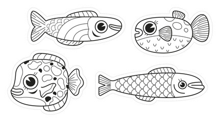 Collection de jolis poissons dessinés au trait, en noir et banc, coloriage et découpage, blague du poisson d'avril pour les enfants, sardine et poisson globe
