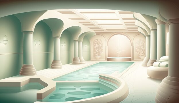 Elegant luxury royal wellness bathtub spa interior, poster for spa center or roman bath in cartoon style. Generative Ai.