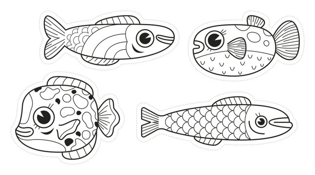 Collection de jolis poissons dessinés au trait, en noir et banc, coloriage et découpage, blague du poisson d'avril pour les enfants, sardine et poisson globe