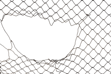 The texture of the metal mesh. Torn, destroyed, broken metal mesh on a white background