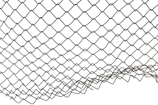 The texture of the metal mesh. Torn, destroyed, broken metal mesh on a white background
