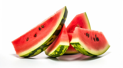 Group of slices of red fresh watermelon on a white background. Healthy food ecological product. AI generated.