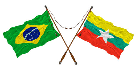 National flag of Myanmar  and Brazil. Background for designers