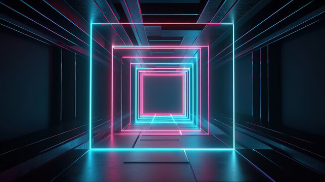 Squares abstract neon lights background. Generative Ai