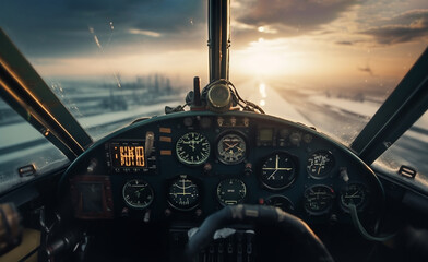 POV of pilot in a cockpit of airplane - ai generative - obrazy, fototapety, plakaty