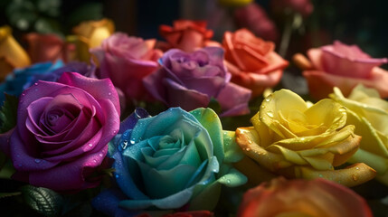 Close up of colorful roses on dark background,generative ai
