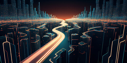 Conceptual symbolic image of a futuristic big city at night. Inside this city there is a wide winding road dividing it in two, with light from the passing cars. Generative AI