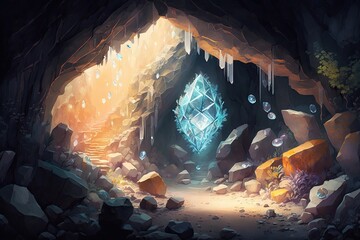 Sparkling Crystal Cave Filled With Treasures. Generative AI