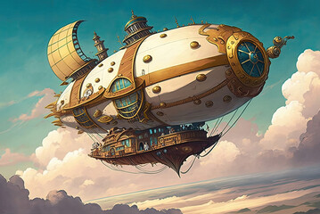 SteampunkInspired Airship Soaring Through Clouds. Generative AI