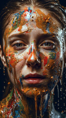 Portrait of a woman, multicolored paint liquid dripping from face - Ai generative