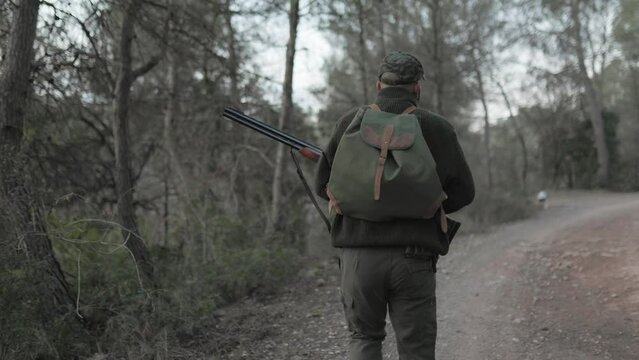 Hunter holding a gun while walking in nature with his dogs.