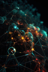 Abstract background. Network structure, neon lines and balls. Vertical background. AI generative.