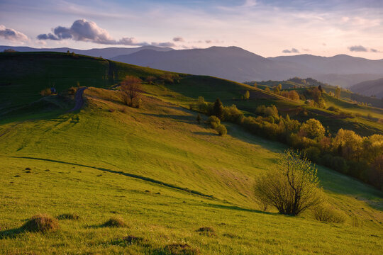 stunning sunset over the rural mountain valley. carpathian countryside scenery in spring