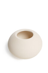 Close-up shot of an empty ceramic vase in a modern style. A beige round vase is isolated on a white background. Home decor element. Top view.