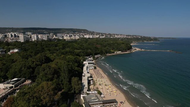 Drone shot revealing Varna Beach in Bulgaria - stock video