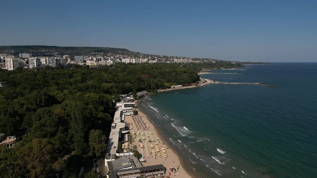 Drone shot revealing Varna Beach in Bulgaria - stock video