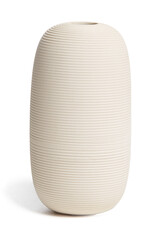 Close-up shot of an empty ceramic vase in a modern style. A beige oval vase is isolated on a white background. Home decor element. Front view.