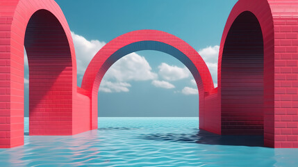 Obraz na płótnie Canvas 3d render, surreal seascape with red arches. Generative Ai