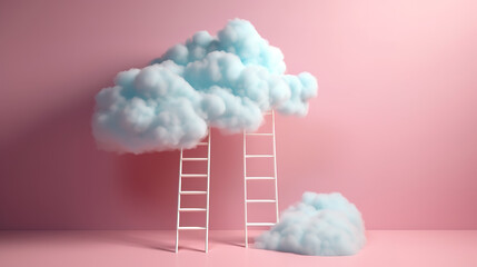 3d render, white fluffy cloud above the blue ladder. Generative Ai
