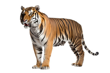Obraz premium an isolated Bengal tiger walking side view, majestic, stalking prey, fierce jungle-themed photorealistic illustration on a transparent background in PNG. horizontal. Generative AI