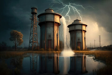 Lightning Struck Water Towers. Generative AI - obrazy, fototapety, plakaty
