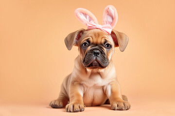 Cute dog puppy with easter bunny ears. Generative AI