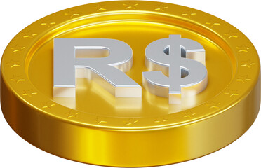 Golden Brazilian Real coin 3d render illustration	