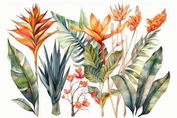 Tropical Plants Watercolor Isolated on White Background