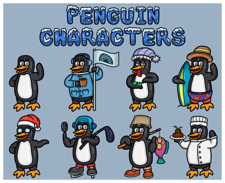 Set Of Penguin Cartoon Mascot Characters. With Simple Gradients.