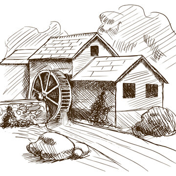 Water mill hand drawn sketch PNG illustration with transparent background