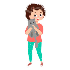 Happy cute little kid girl play with pet dog. Child holding a kitten. Kids doing housework chores at home concept. vector