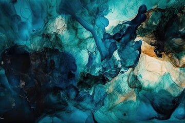 Fototapeta na wymiar Art Abstract paint blots background. Alcohol ink blue colors. Marble texture. Horizontal long banner. , Generative AI