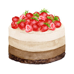Chocolate cake decorated with strawberries. Watercolor holiday clipart for design of postcards, greeting cards, invitations, menus, logos, fabric prints. Wedding, birthday, anniversary design.
