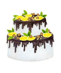 Cake decorated with chocolate, lemons, nuts and mint. Watercolor holiday clipart for design of greeting cards, invitations, menus, logos, fabric prints. Wedding, birthday, anniversary design.
