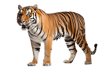 Fototapeta na wymiar an isolated Bengal tiger walking side view, majestic, stalking prey, fierce jungle-themed photorealistic illustration on a transparent background in PNG. horizontal. Generative AI