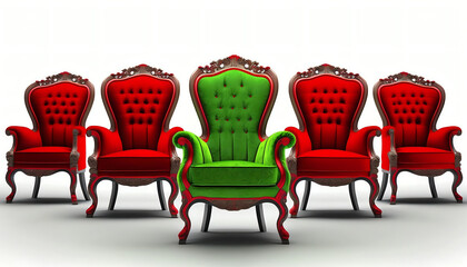 One green chair available and other red ones occupied. Free workplace. Employment opportunity concept. Job candidate. Business success. New opportunities. Work of the future. Internship and apprentice