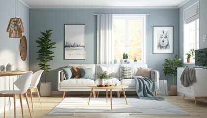 Fototapeta na wymiar Scandinavian Style A Bright And Airy Living Room With Light Blue Walls And White Furniture Soft Grey Throw Pillows And A Cozy Area Rug Provide Texture. Generative AI