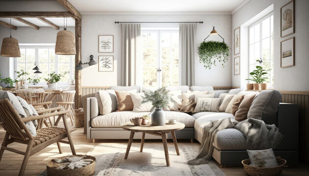 Scandinavian Rustic Style A Cozy Living Room With Warm Wood Accents And Neutral Colors The Walls Are Painted In A Pale Shade Of Grey. Generative AI