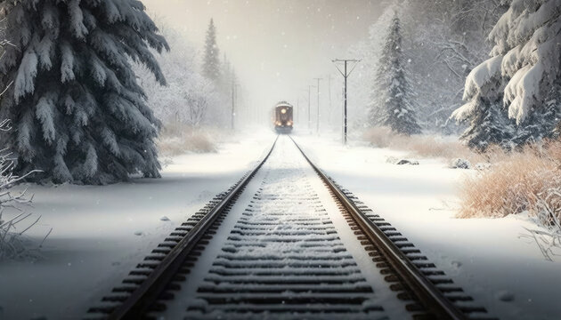Snowy Railroad Tracks, Which Operate In Regions With Heavy Snowfall. Generative AI