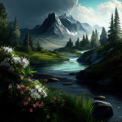 lake in the morning, Forest landscape With Beautiful Running river, Mountains and Greenery. Generative AI