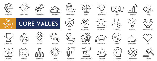 core values icons set vector illustration thin line with editable stroke on white background. teamwork, interaction, innovation, ethics, trust, growth, collaboration, development icons collection. - obrazy, fototapety, plakaty
