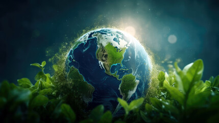 Earth globe wrapped in green leaves on the flat  background, concept of ecology and a green planet (created with Generative AI)