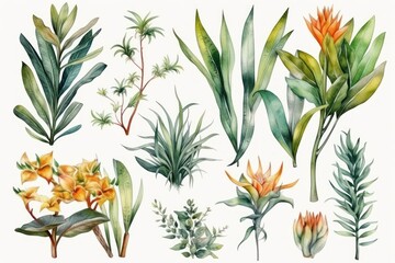 Tropical Plants Watercolor Isolated on White Background