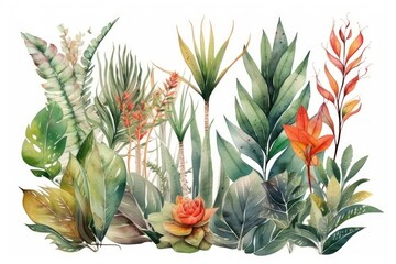 Obraz premium Tropical Plants Watercolor Isolated on White Background