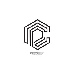 Modern letter C P or P C hexagon minimal line art logo