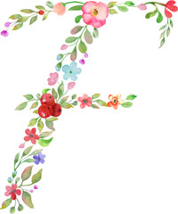 Monogram letter F made of watercolor flowers, leaves, branches, berries. Hand drawing illustration isolated on white background. Vector EPS.