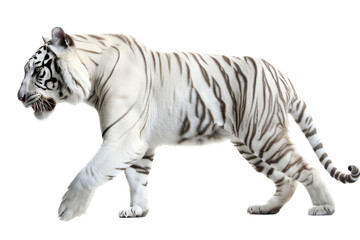 Obraz premium an isolated white tiger walking, prowling, side-view portrait, jungle-themed photorealistic illustration on a transparent background cutout in PNG, generative ai