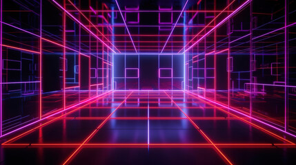 Obraz premium 3d rendering of brightly glowing lights in triangular shapes. Generative Ai